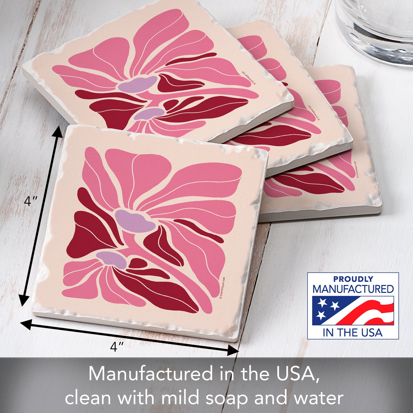 Thirstystone Pink Boho Floral 4 Pack Tumbled Tile Stone Coasters 4" Square Manufactured in the USA
