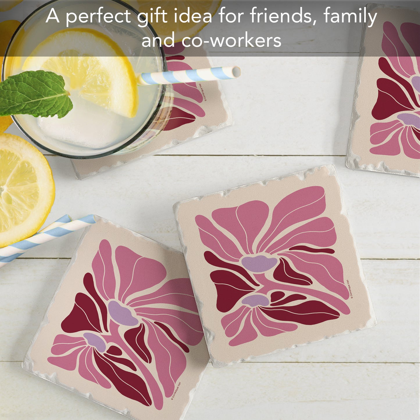 Thirstystone Pink Boho Floral 4 Pack Tumbled Tile Stone Coasters 4" Square Manufactured in the USA