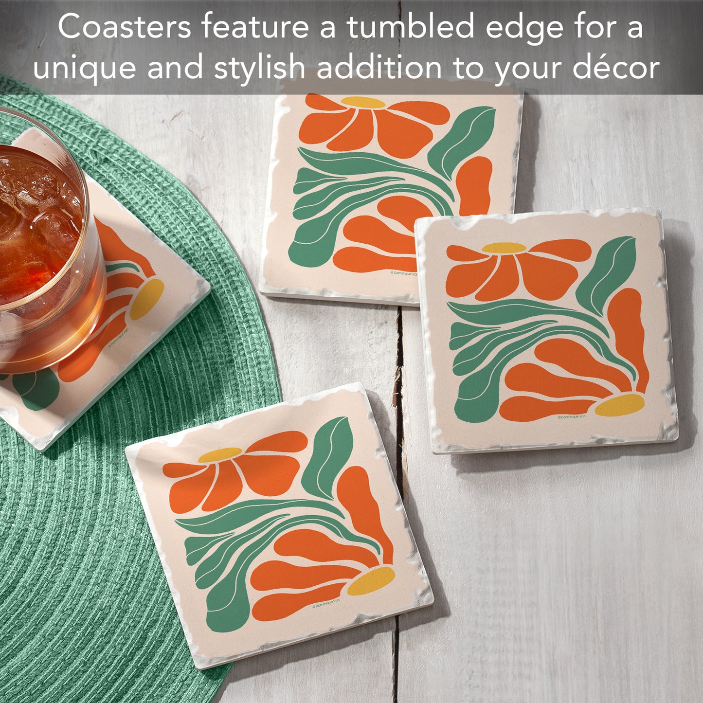 Thirstystone Orange Boho Floral 4 Pack Absorbent Stone Tumbled Tile Stone Coasters 4" Square Manufactured in the USA