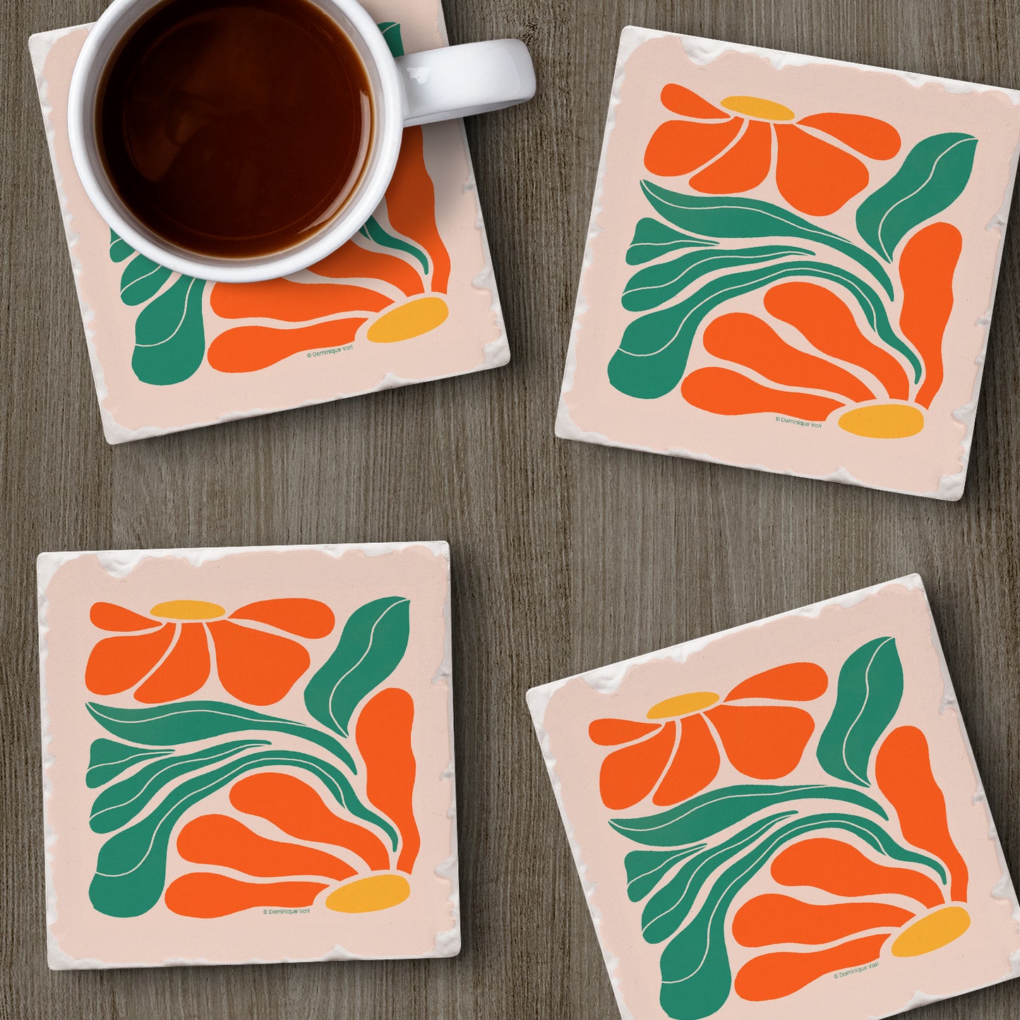 Thirstystone Orange Boho Floral 4 Pack Absorbent Stone Tumbled Tile Stone Coasters 4" Square Manufactured in the USA