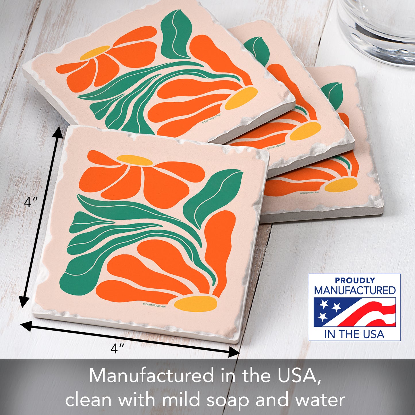 Thirstystone Orange Boho Floral 4 Pack Absorbent Stone Tumbled Tile Stone Coasters 4" Square Manufactured in the USA