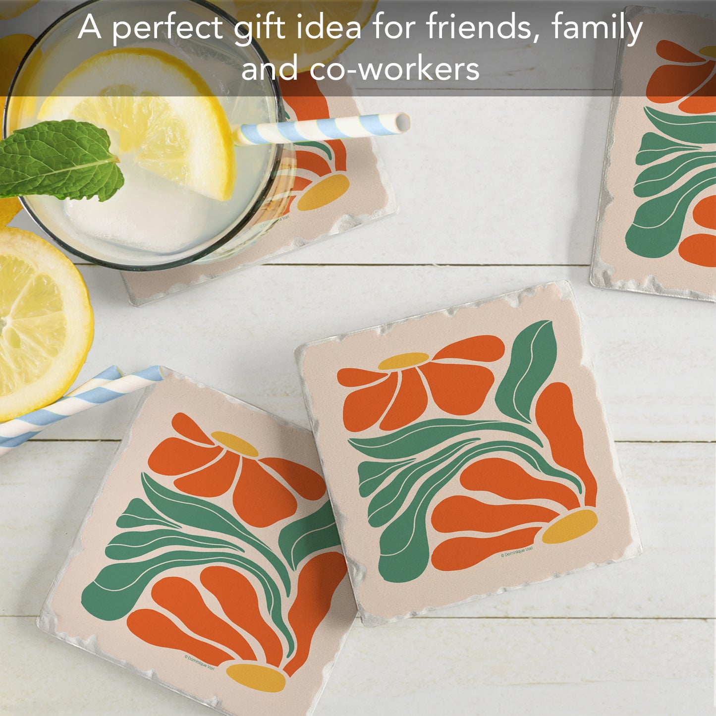 Thirstystone Orange Boho Floral 4 Pack Absorbent Stone Tumbled Tile Stone Coasters 4" Square Manufactured in the USA