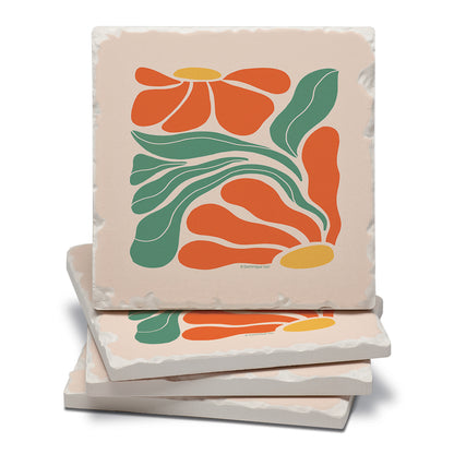 Thirstystone Orange Boho Floral 4 Pack Absorbent Stone Tumbled Tile Stone Coasters 4" Square Manufactured in the USA