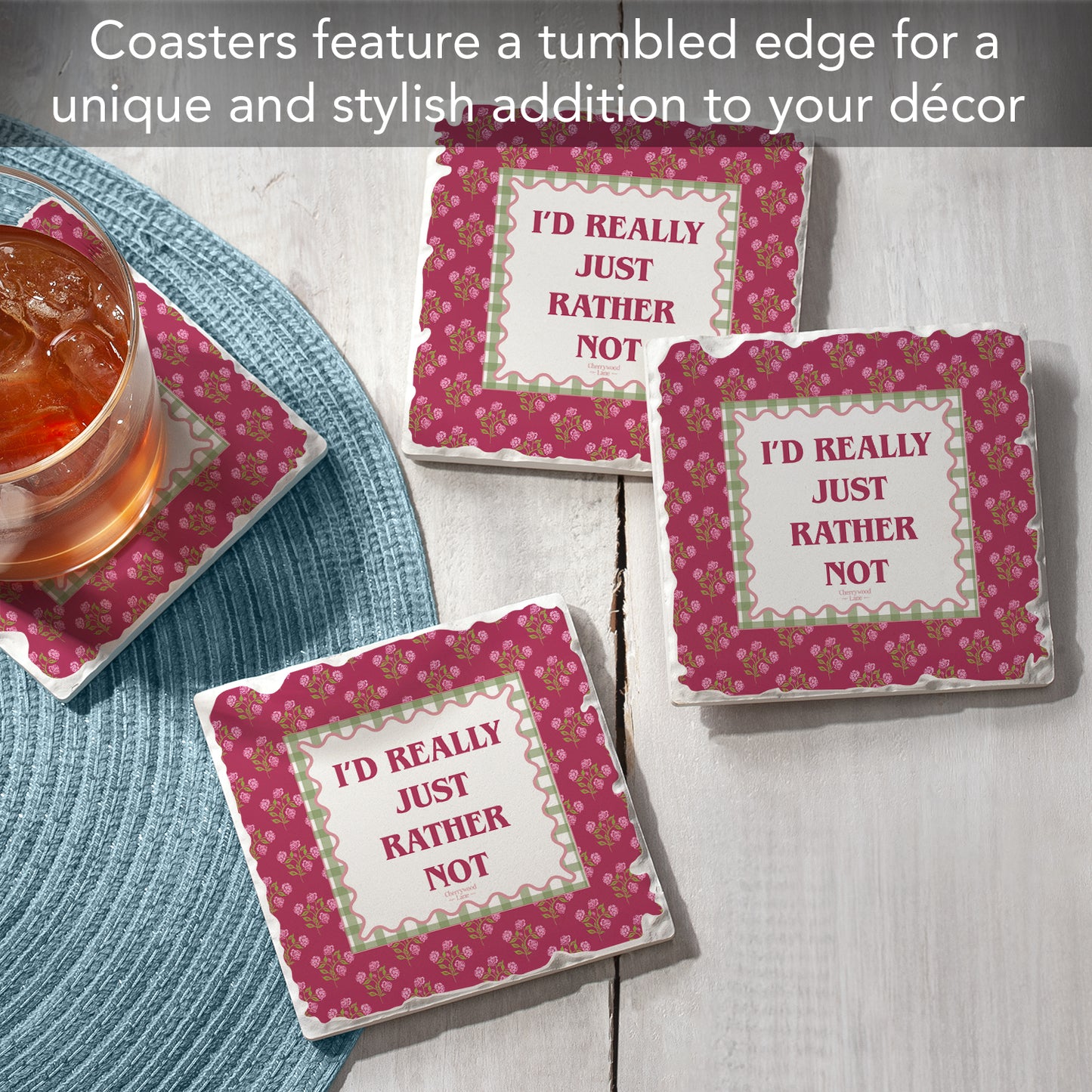Thirstystone Really Rather Not 4 Pack Tumbled Tile Stone Coasters 4" Square Manufactured in the USA