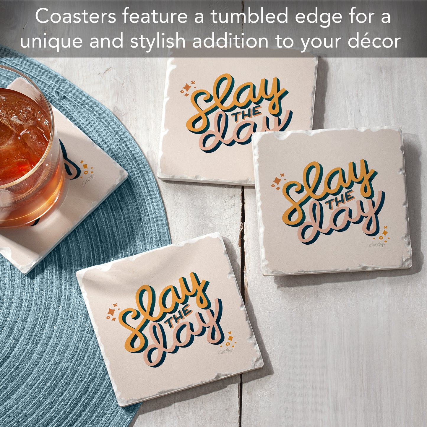 Thirstystone Slay The Day 4 Pack Tumbled Tile Stone Coasters 4" Square Manufactured in the USA