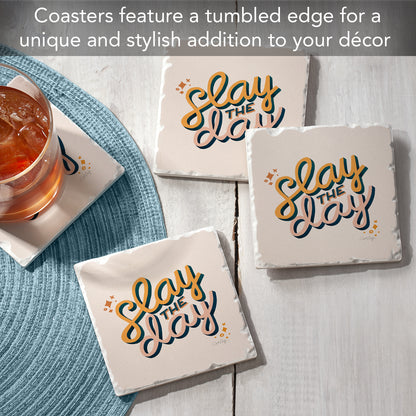 Thirstystone Slay The Day 4 Pack Tumbled Tile Stone Coasters 4" Square Manufactured in the USA