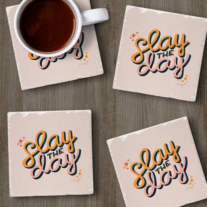 Thirstystone Slay The Day 4 Pack Tumbled Tile Stone Coasters 4" Square Manufactured in the USA