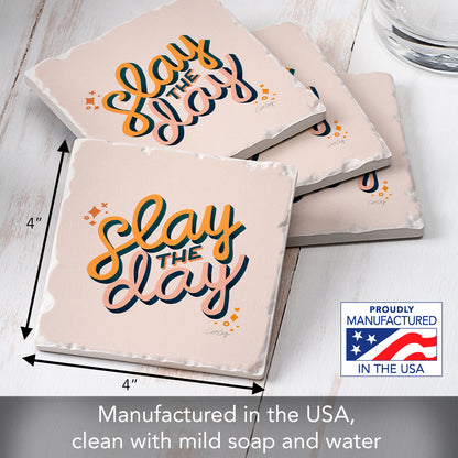 Thirstystone Slay The Day 4 Pack Tumbled Tile Stone Coasters 4" Square Manufactured in the USA