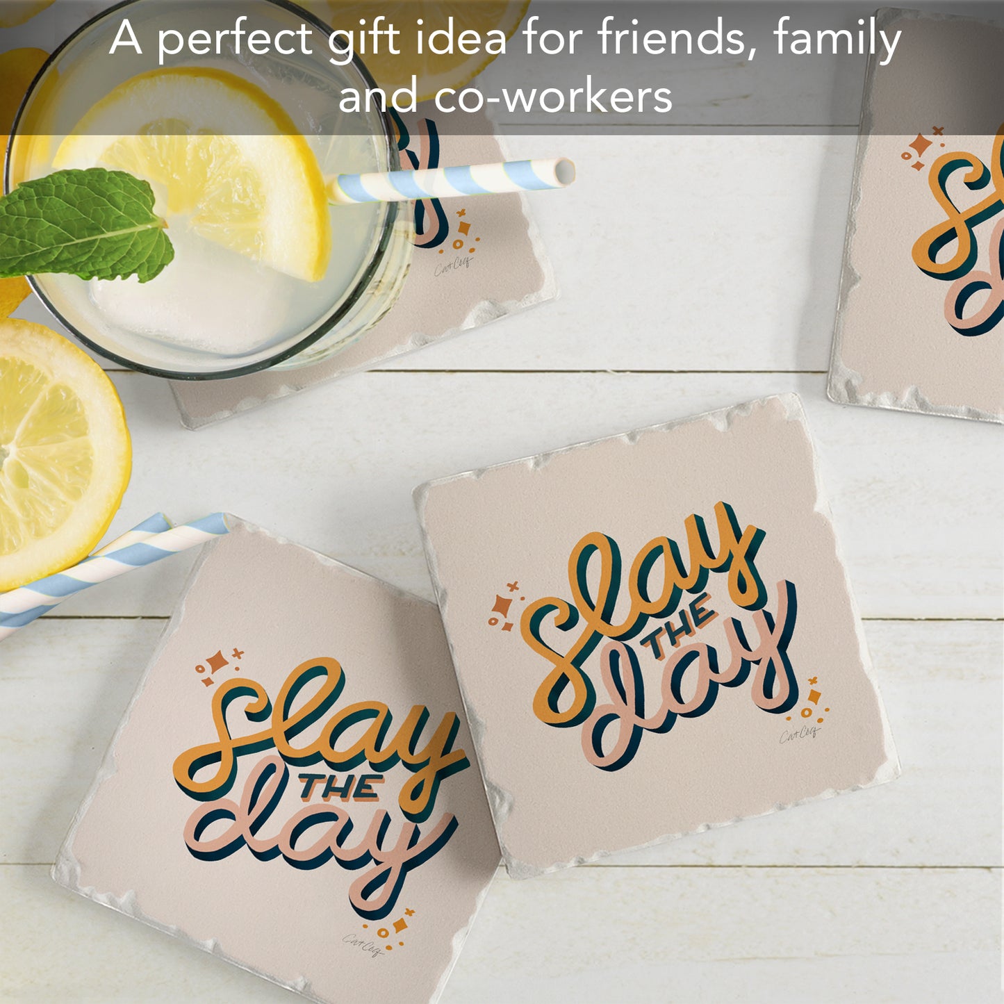 Thirstystone Slay The Day 4 Pack Tumbled Tile Stone Coasters 4" Square Manufactured in the USA