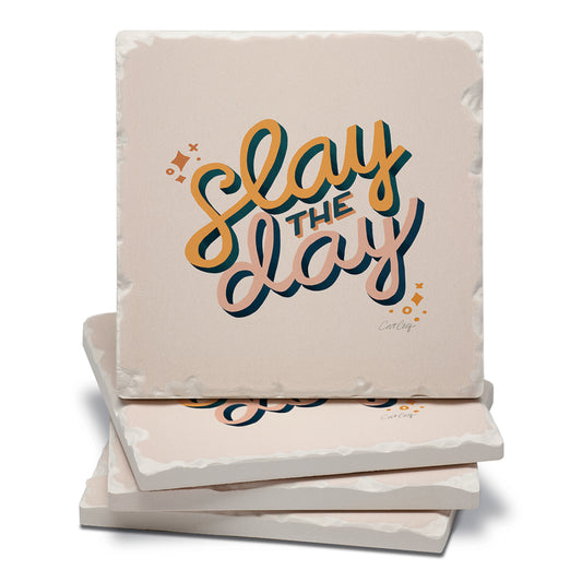 Thirstystone Slay The Day 4 Pack Tumbled Tile Stone Coasters 4" Square Manufactured in the USA