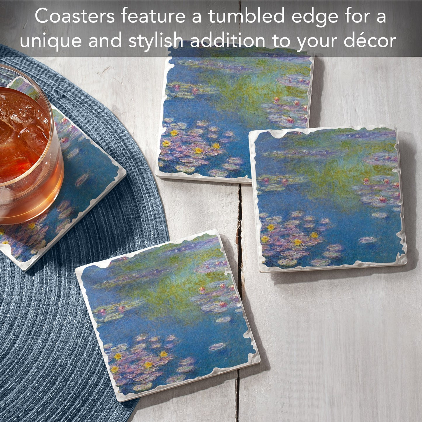 Thirstystone Monet Water Lilies 4 Pack Tumbled Tile Stone Coasters 4" Square Manufactured in the USA
