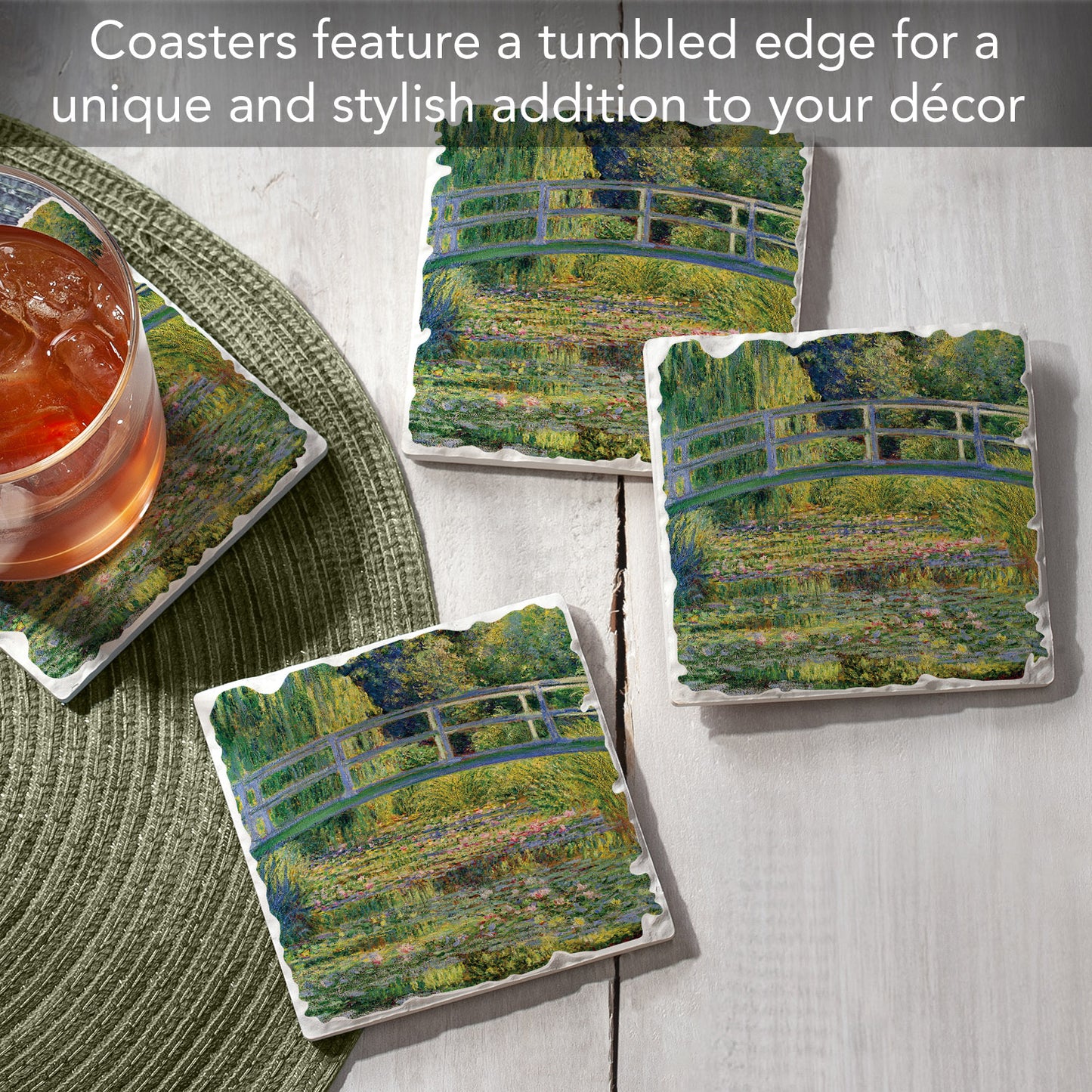 Thirstystone Footbridge 4 Pack Tumbled Tile Stone Coasters 4" Square Manufactured in the USA