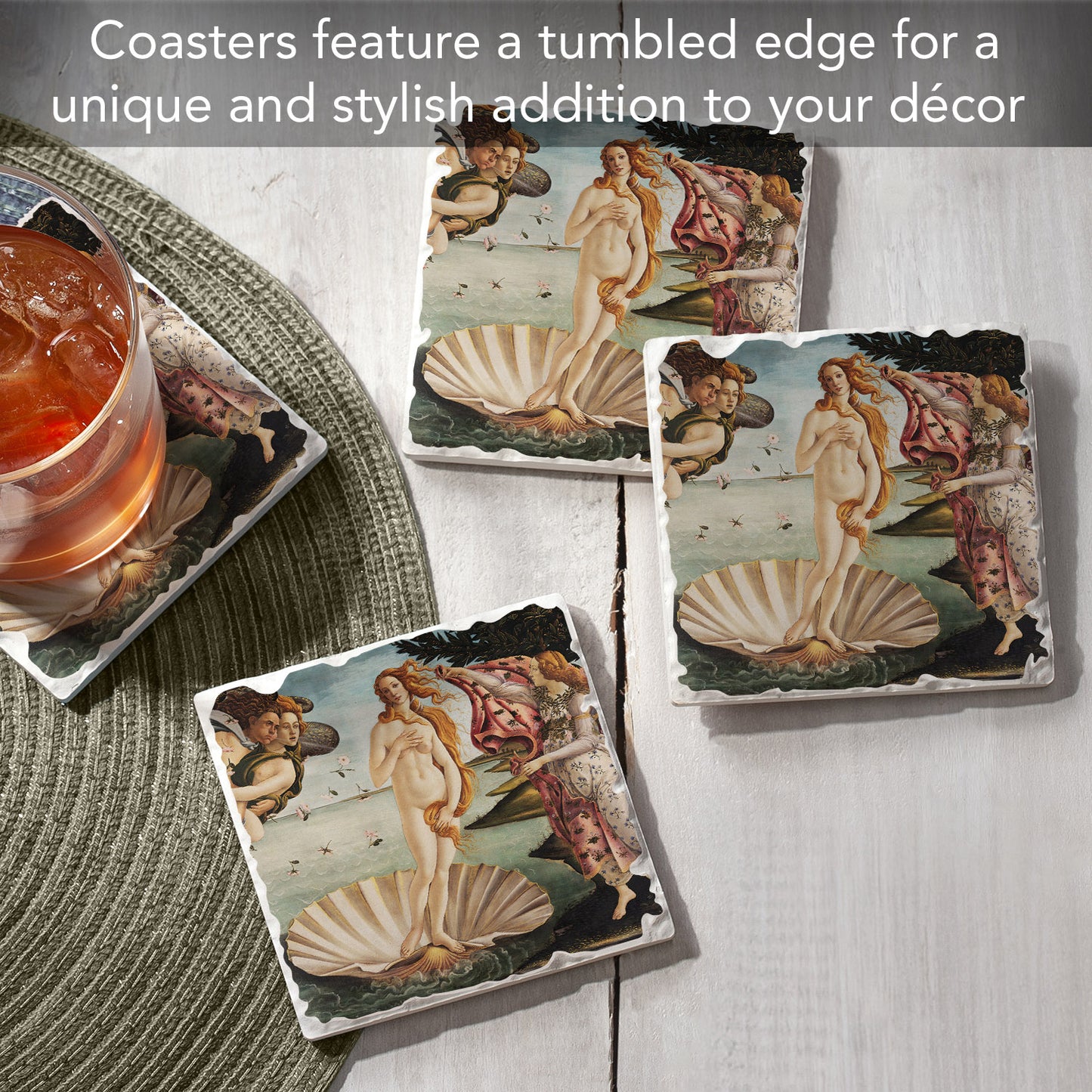 Thirstystone Birth of Venus 4 Pack Tumbled Tile Stone Coasters 4" Square Manufactured in the USA