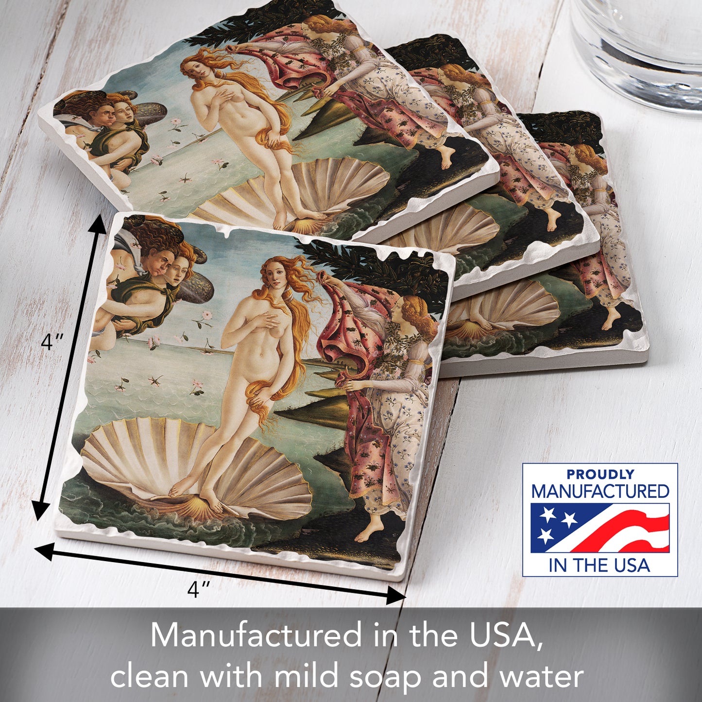 Thirstystone Birth of Venus 4 Pack Tumbled Tile Stone Coasters 4" Square Manufactured in the USA