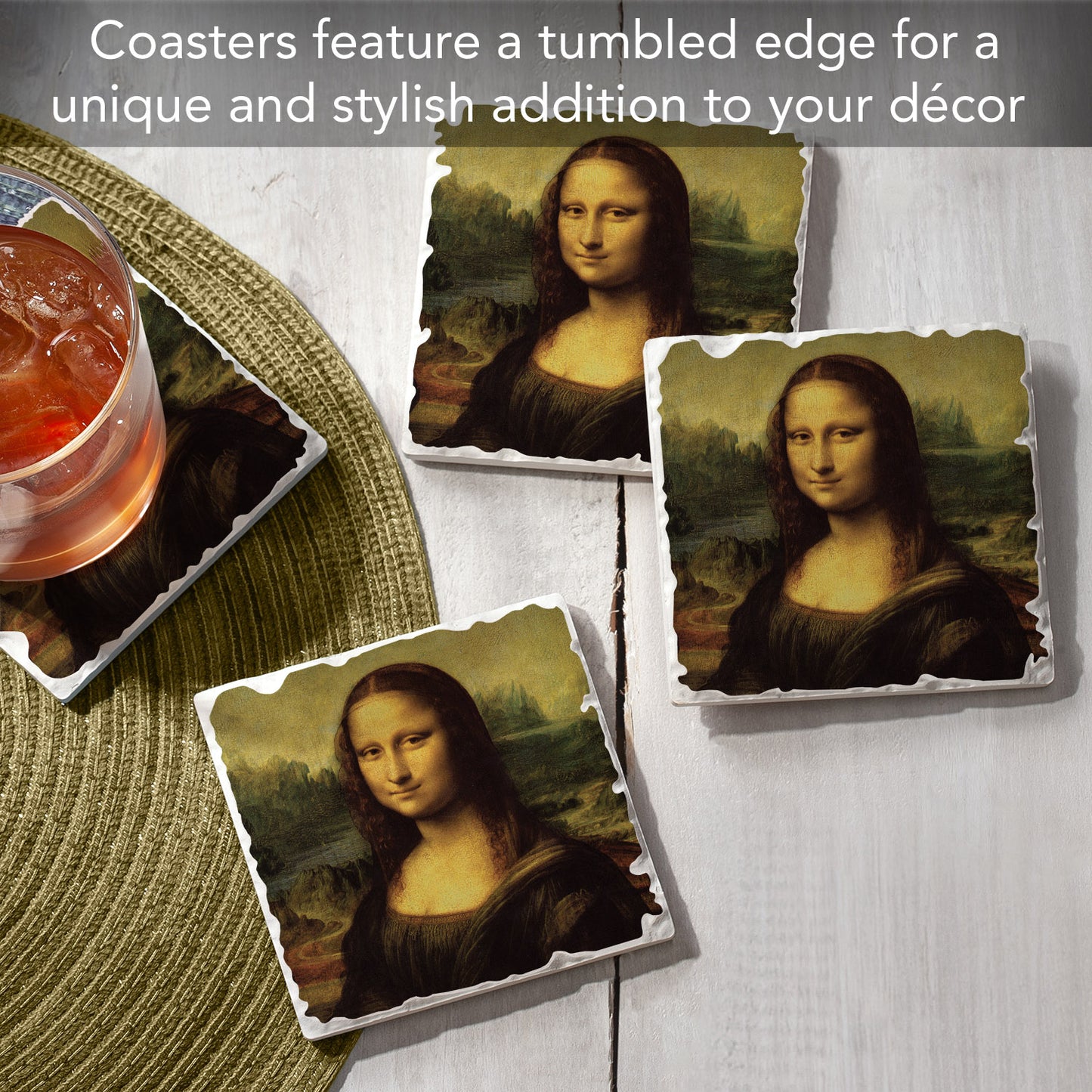 Thirstystone Mona Lisa 4 Pack Tumbled Tile Stone Coasters 4" Square Manufactured in the USA
