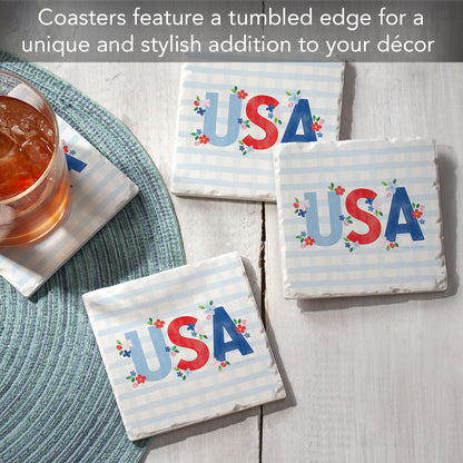 Thirstystone USA Gingham 4 Pack Tumbled Tile Coasters 4" Square