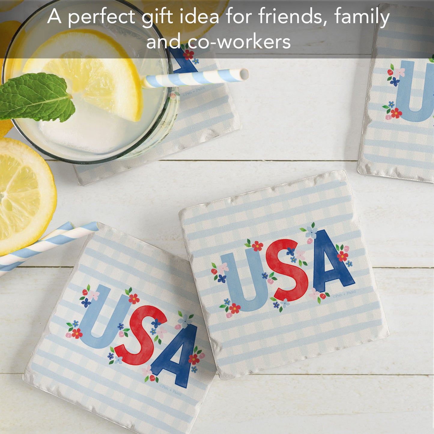 Thirstystone USA Gingham 4 Pack Tumbled Tile Coasters 4" Square