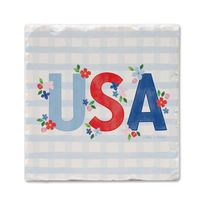 Thirstystone USA Gingham 4 Pack Tumbled Tile Coasters 4" Square