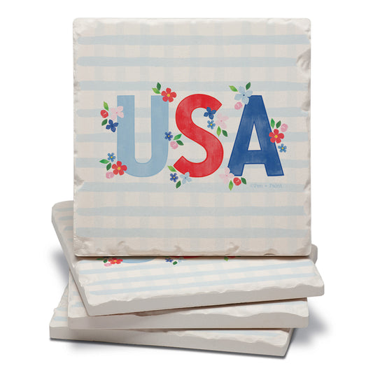 Thirstystone USA Gingham 4 Pack Tumbled Tile Coasters 4" Square