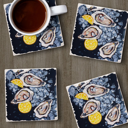 Thirstystone Oysters 4 Pack Tumbled Tile Stone Coasters 4" Square Manufactured in the USA