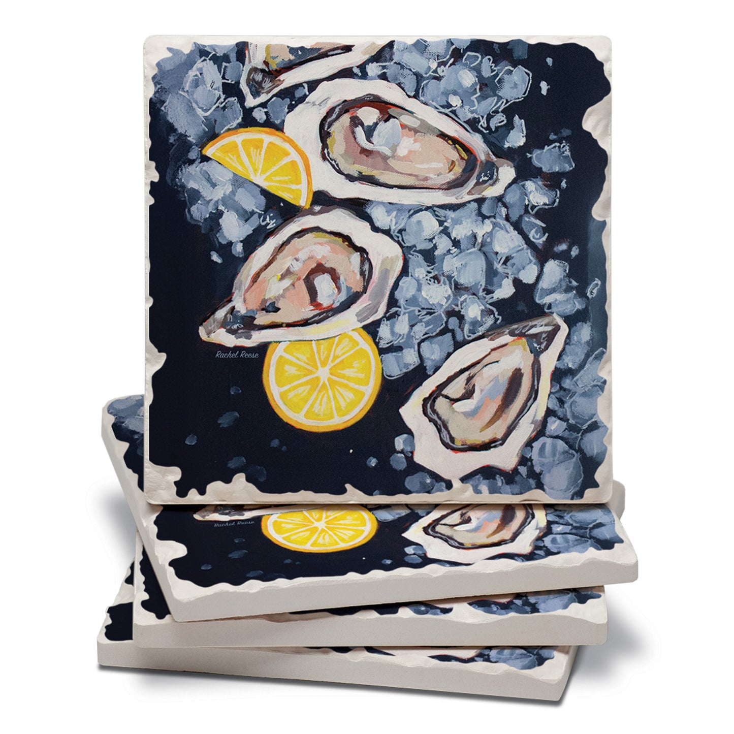 Thirstystone Oysters 4 Pack Tumbled Tile Stone Coasters 4" Square Manufactured in the USA