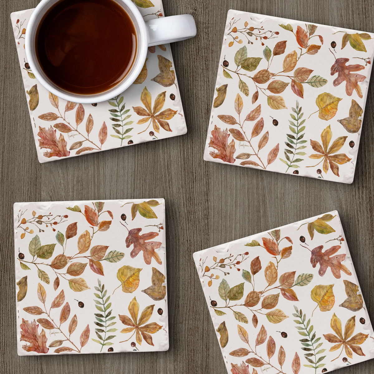 Thirstystone Autumn Leaves 4 Pack Tumbled Tile Stone Coasters 4" Square Manufactured in the USA