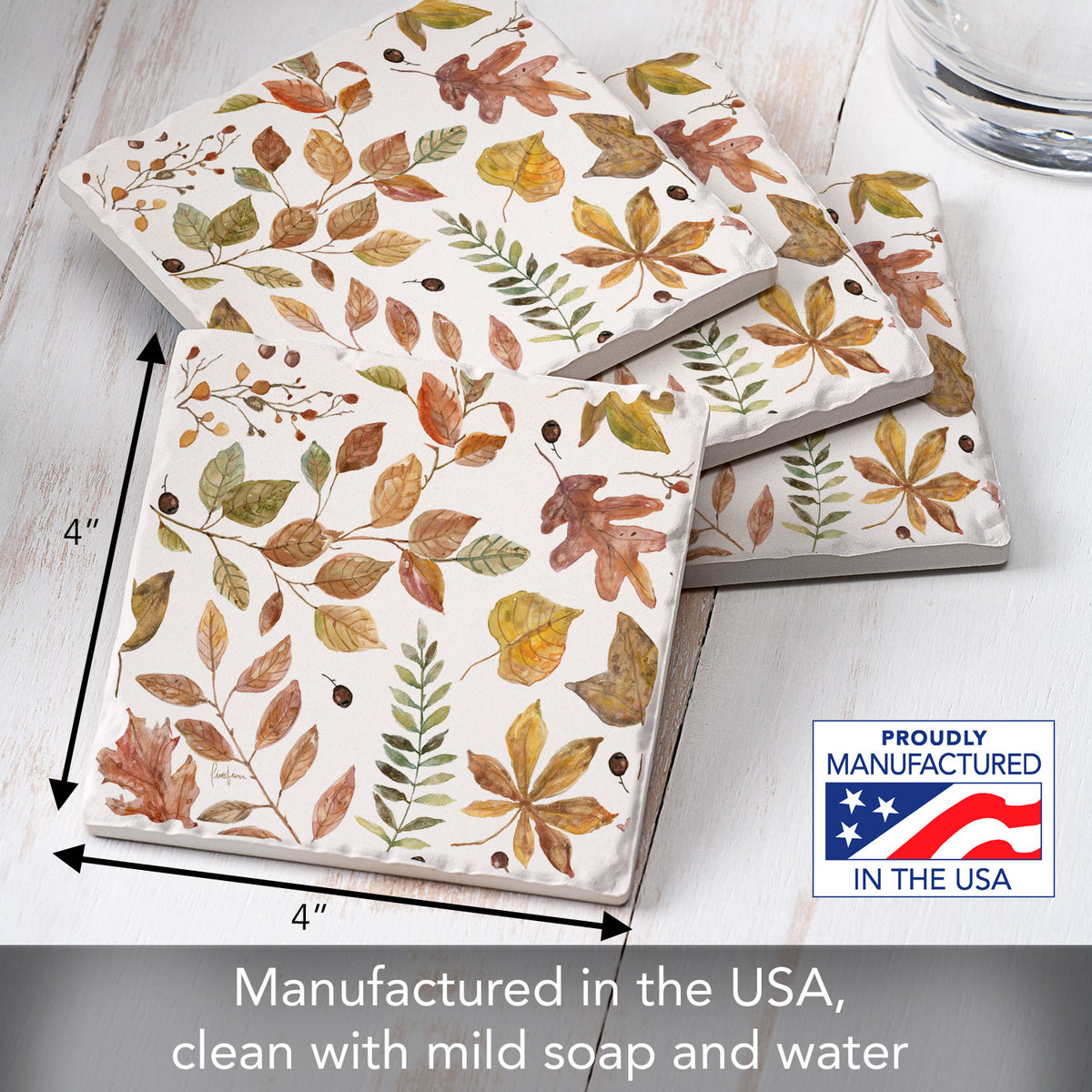 Thirstystone Autumn Leaves 4 Pack Tumbled Tile Stone Coasters 4" Square Manufactured in the USA