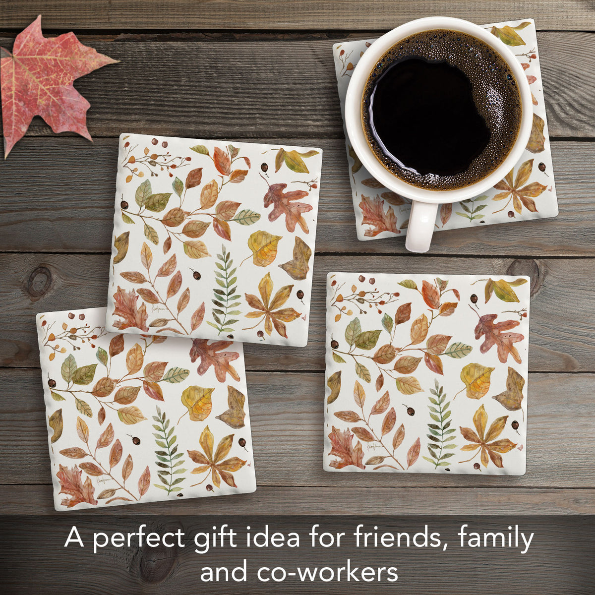 Thirstystone Autumn Leaves 4 Pack Tumbled Tile Stone Coasters 4" Square Manufactured in the USA