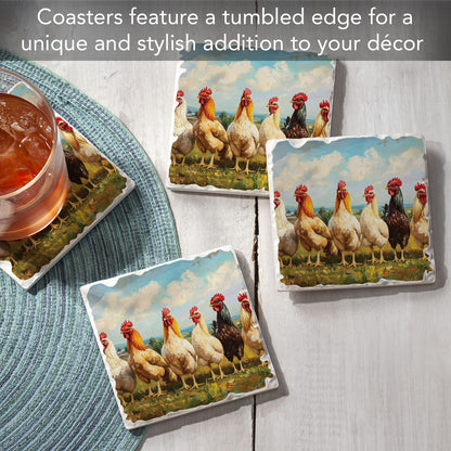 Thirstystone Chicken Brood 4 Pack Tumbled Tile Stone Coasters 4" Square Manufactured in the USA