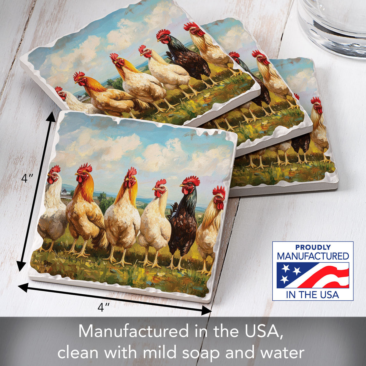 Thirstystone Chicken Brood 4 Pack Tumbled Tile Stone Coasters 4" Square Manufactured in the USA