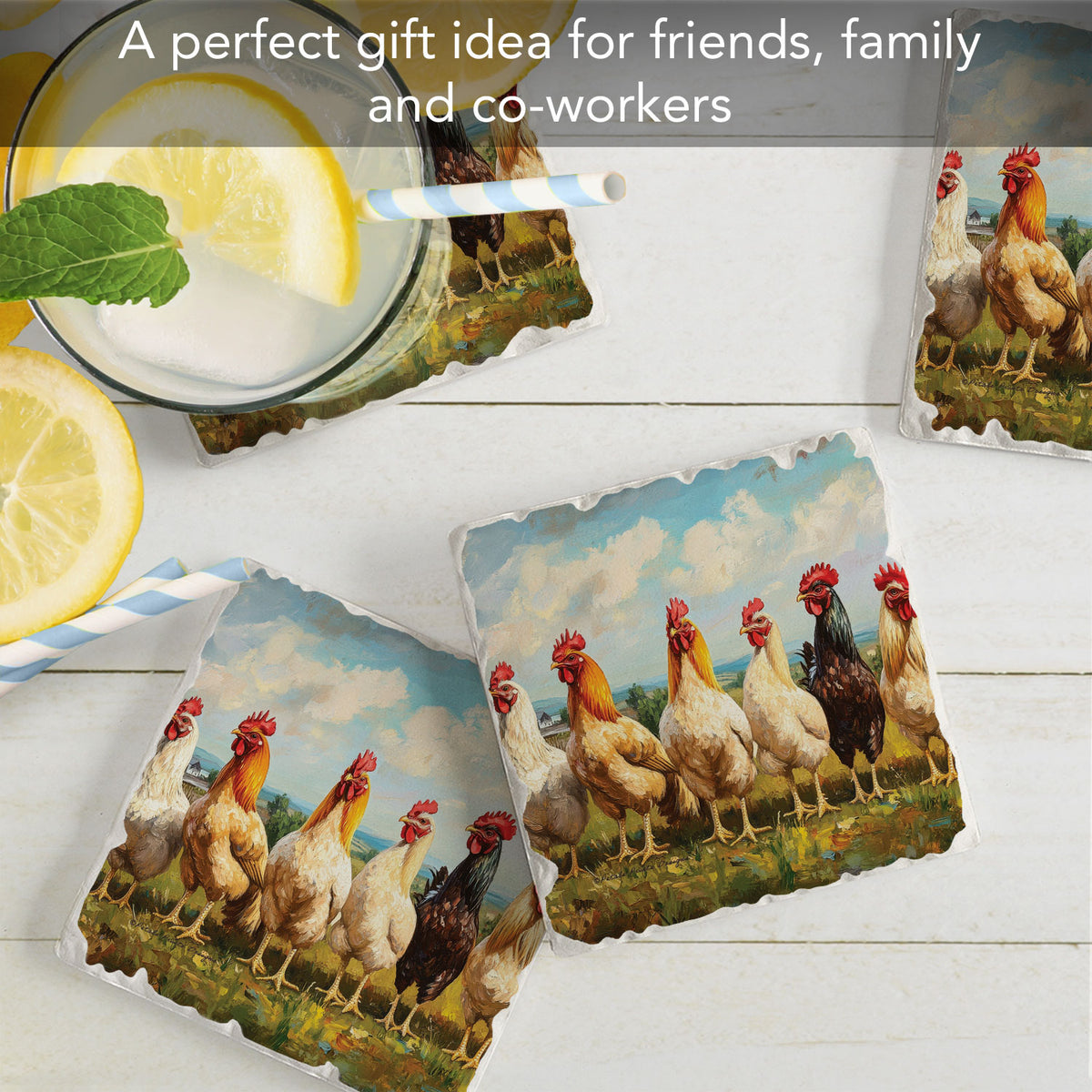 Thirstystone Chicken Brood 4 Pack Tumbled Tile Stone Coasters 4" Square Manufactured in the USA