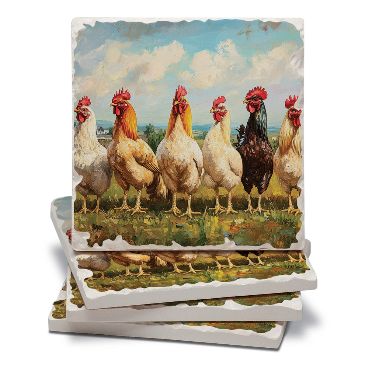 Thirstystone Chicken Brood 4 Pack Tumbled Tile Stone Coasters 4" Square Manufactured in the USA