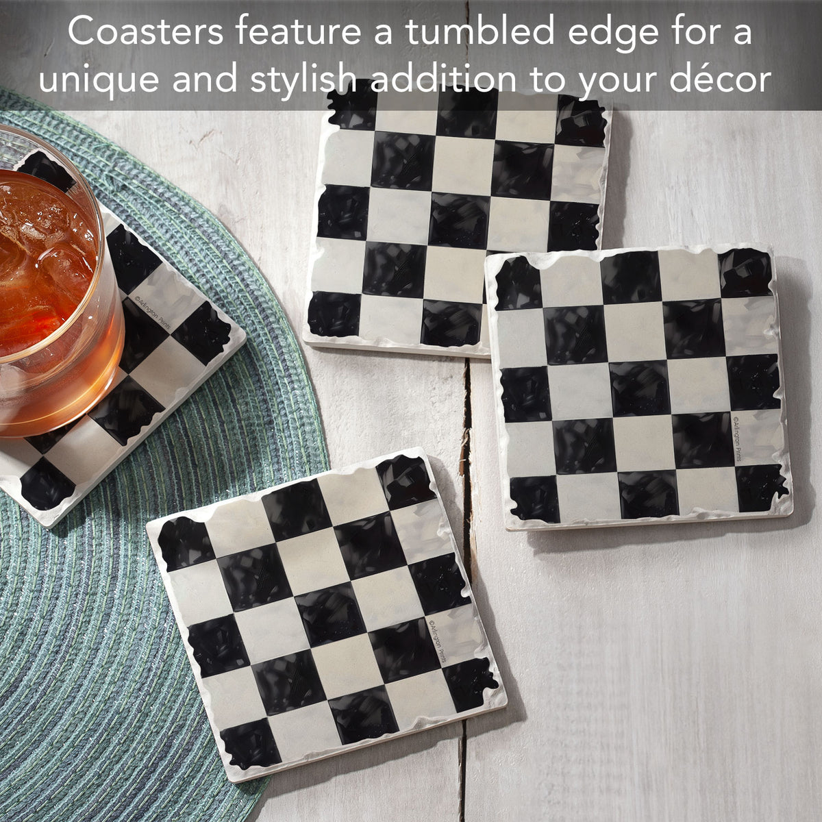 Thirstystone Arlington Check 4 Pack Tumbled Tile Stone Coasters 4" Square Manufactured in the USA