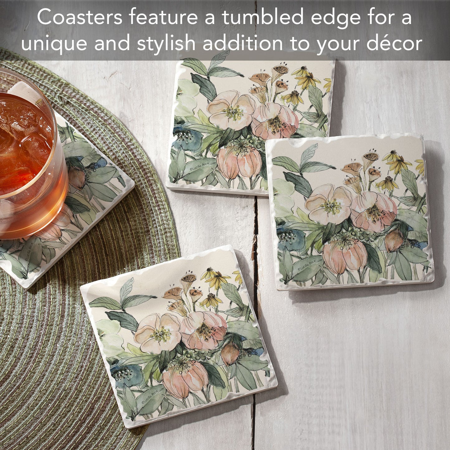 Thirstystone Floral Sketch 4 Pack Tumbled Tile Stone Coasters 4" Square Manufactured in the USA