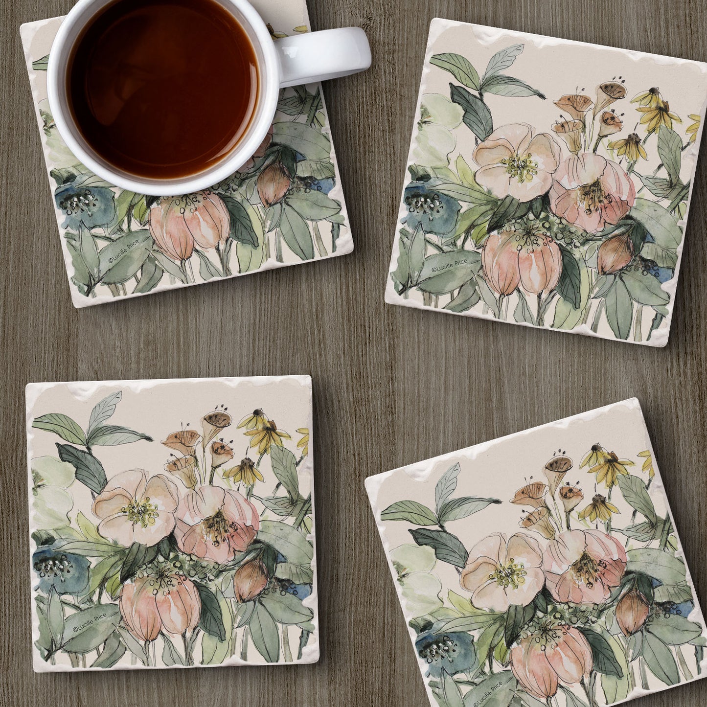 Thirstystone Floral Sketch 4 Pack Tumbled Tile Stone Coasters 4" Square Manufactured in the USA