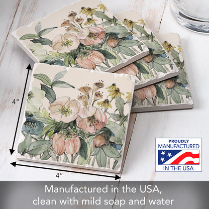 Thirstystone Floral Sketch 4 Pack Tumbled Tile Stone Coasters 4" Square Manufactured in the USA