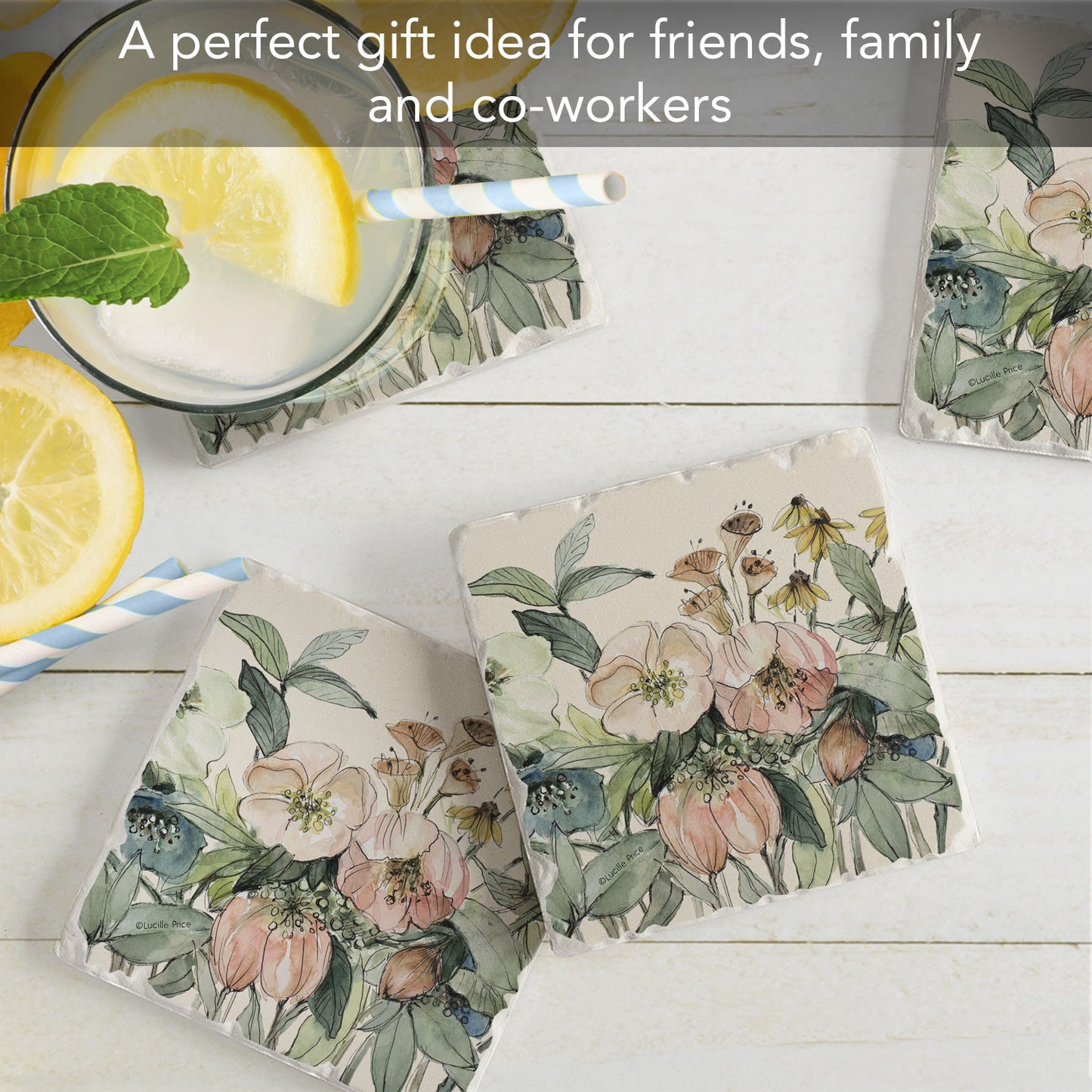 Thirstystone Floral Sketch 4 Pack Tumbled Tile Stone Coasters 4" Square Manufactured in the USA