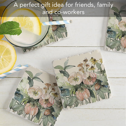 Thirstystone Floral Sketch 4 Pack Tumbled Tile Stone Coasters 4" Square Manufactured in the USA