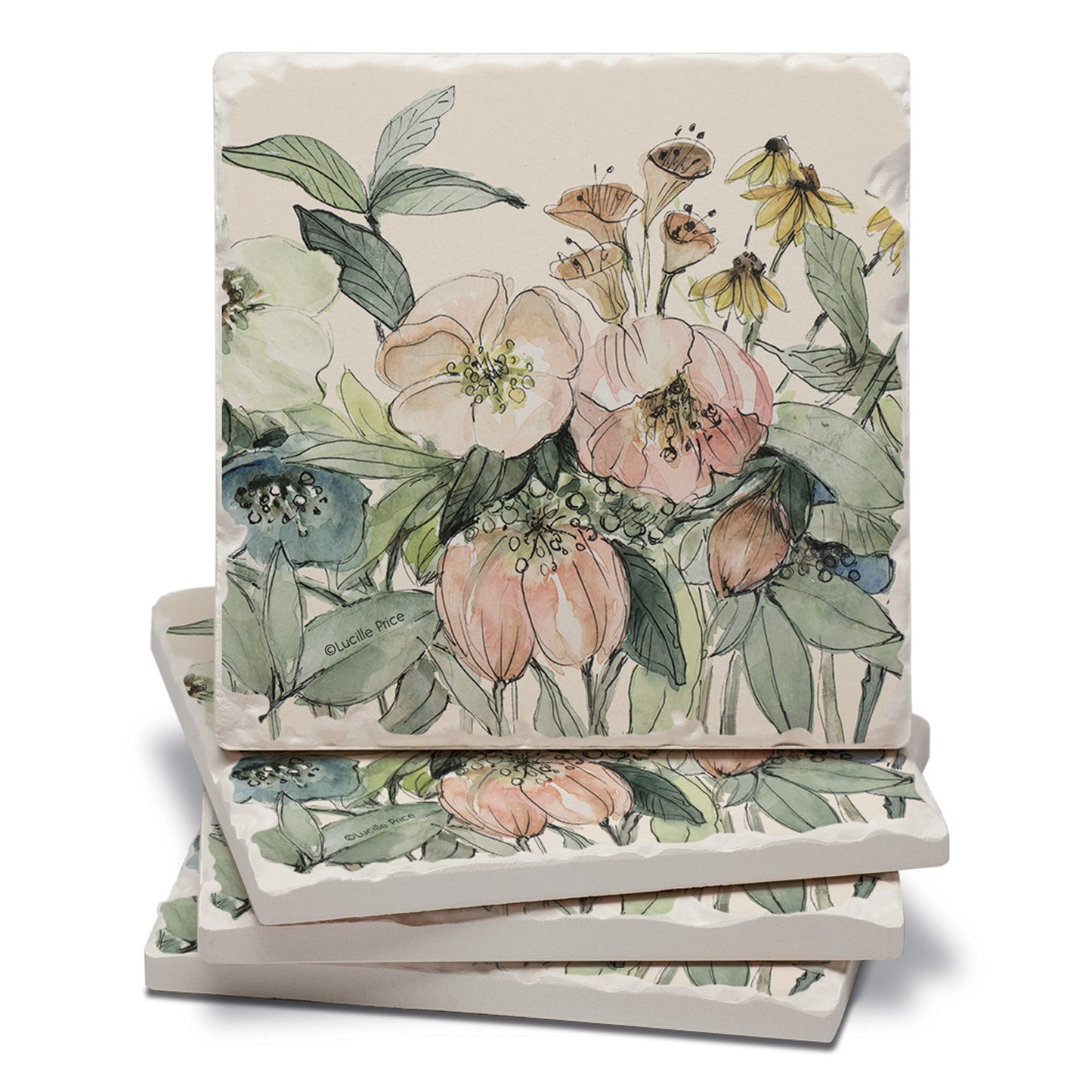 Thirstystone Floral Sketch 4 Pack Tumbled Tile Stone Coasters 4" Square Manufactured in the USA