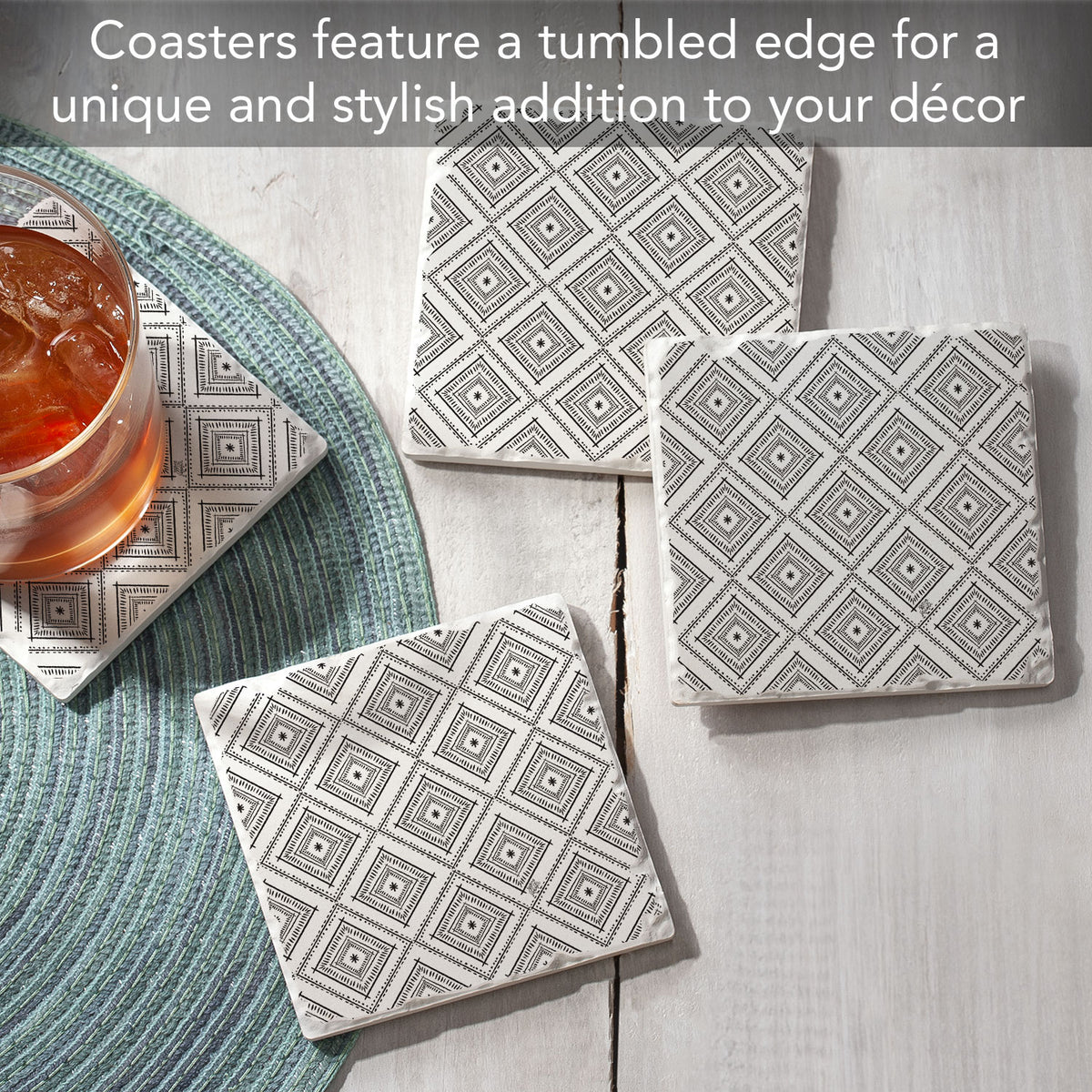Thirstystone Botanical Farmhouse 4 Pack Tumbled Tile Stone Coasters 4" Square Manufactured in the USA