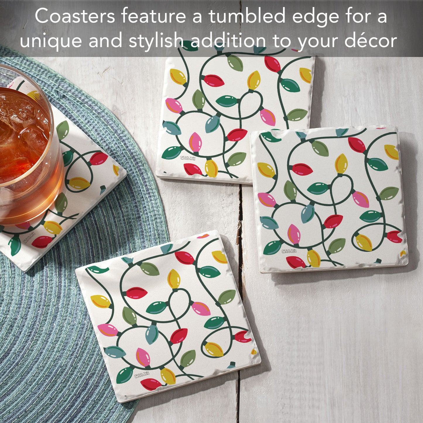 Thirstystone String Lights 4 Pack Tumbled Tile Stone Coasters 4" Square Manufactured in the USA
