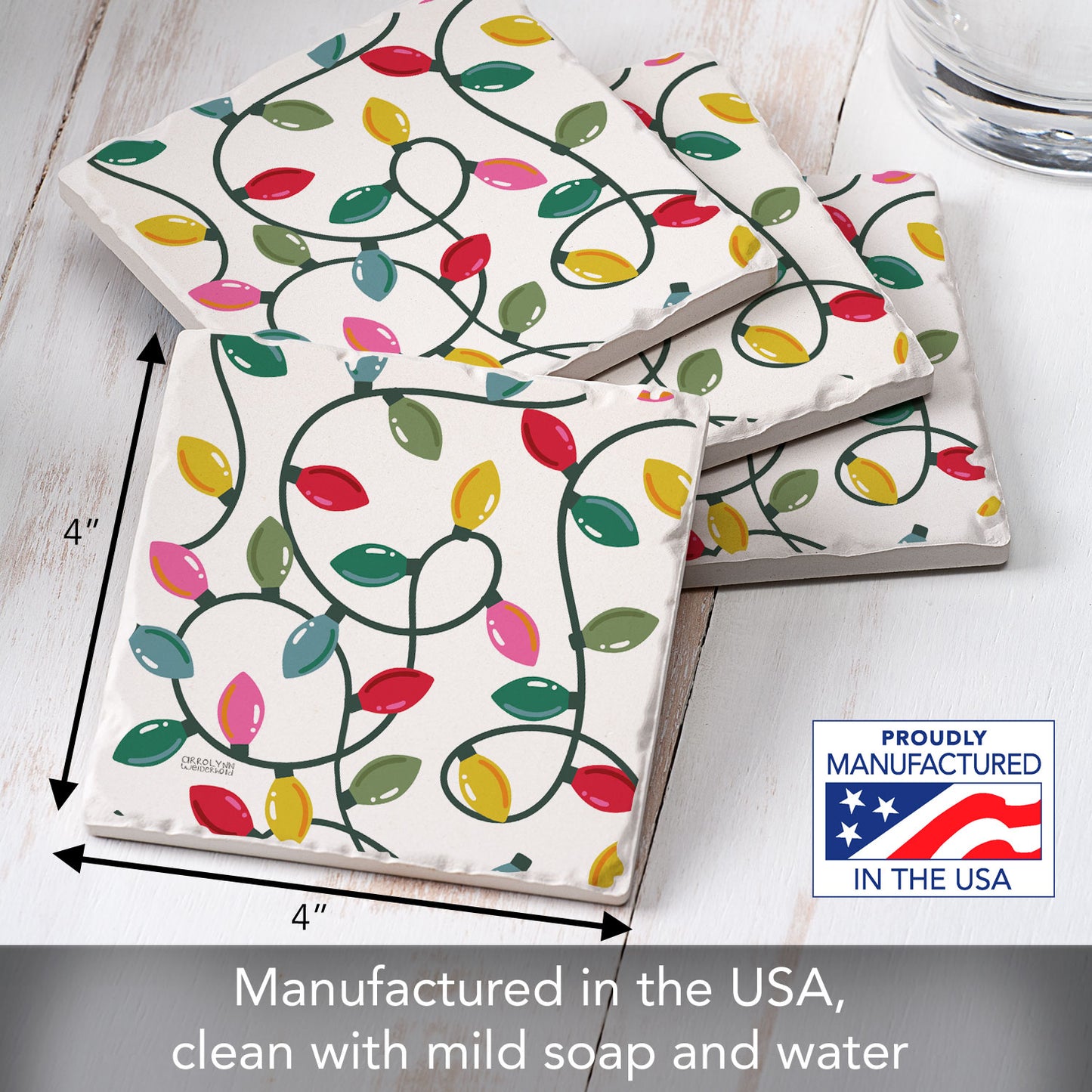 Thirstystone String Lights 4 Pack Tumbled Tile Stone Coasters 4" Square Manufactured in the USA