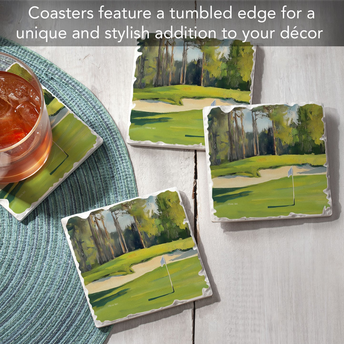 Thirstystone Golf Course 4 Pack Tumbled Tile Stone Coasters 4" Square Manufactured in the USA
