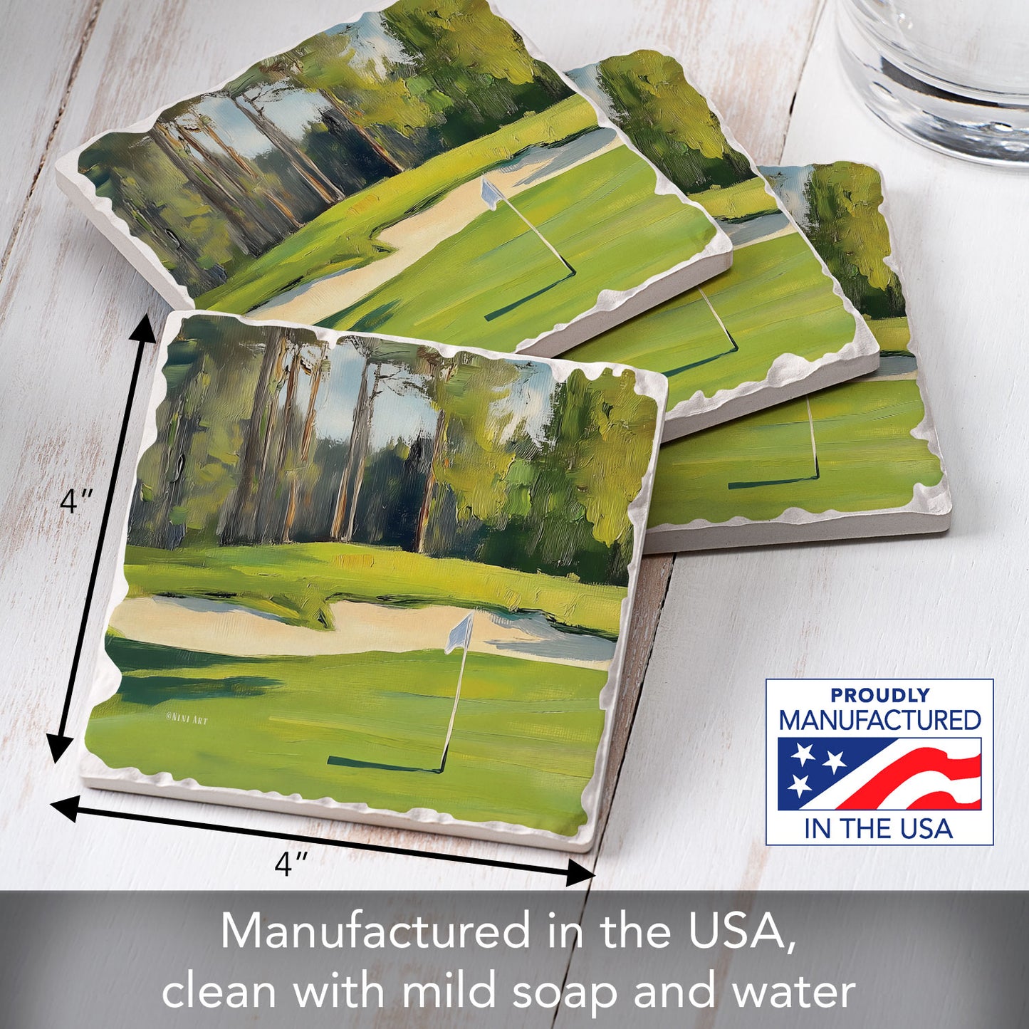 Thirstystone Golf Course 4 Pack Tumbled Tile Stone Coasters 4" Square Manufactured in the USA