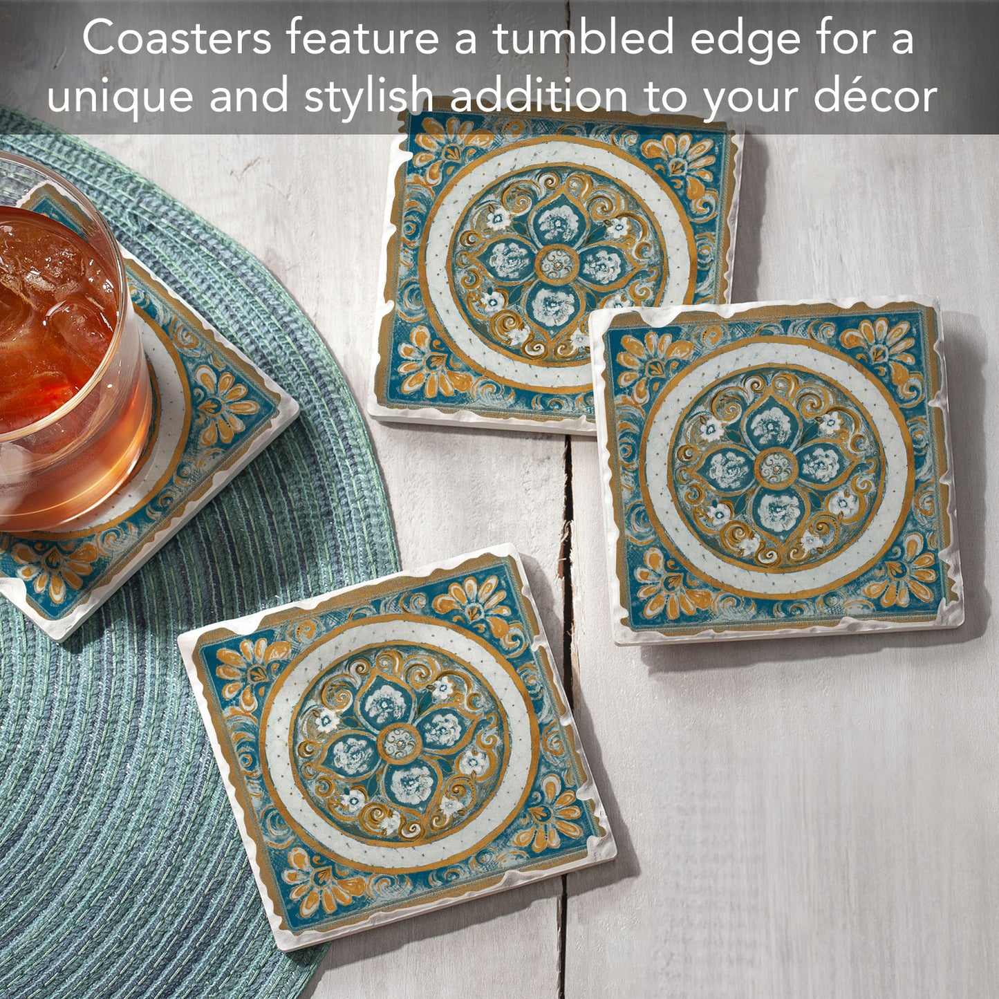 Thirstystone Medallion 4 Pack Tumbled Tile Stone Coasters 4" Square Manufactured in the USA