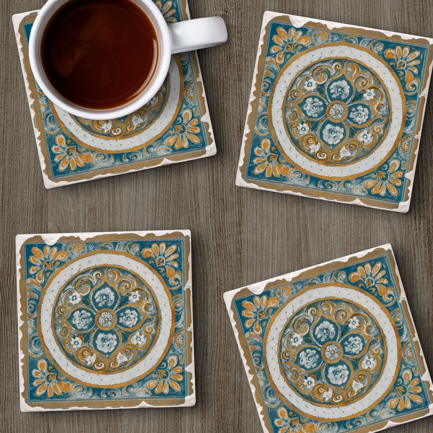 Thirstystone Medallion 4 Pack Tumbled Tile Stone Coasters 4" Square Manufactured in the USA