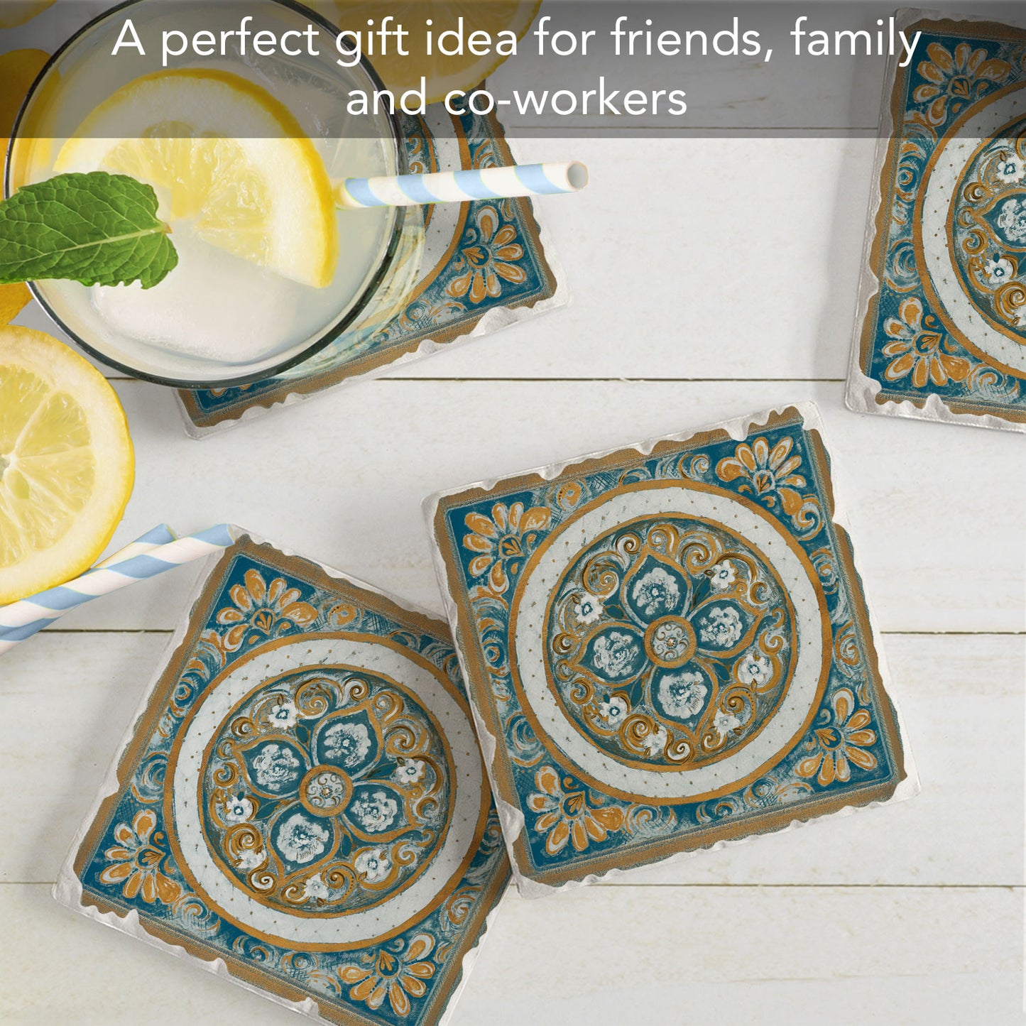 Thirstystone Medallion 4 Pack Tumbled Tile Stone Coasters 4" Square Manufactured in the USA