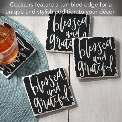 Thirstystone Blessed & Grateful 4 Pack Tumbled Tile Stone Coasters 4" Square Manufactured in the USA