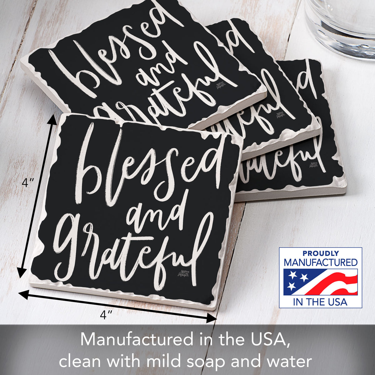 Thirstystone Blessed & Grateful 4 Pack Tumbled Tile Stone Coasters 4" Square Manufactured in the USA