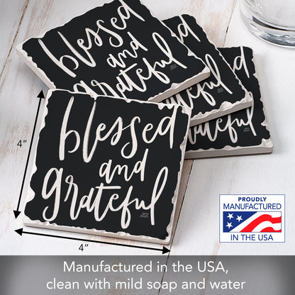 Thirstystone Blessed & Grateful 4 Pack Tumbled Tile Stone Coasters 4" Square Manufactured in the USA